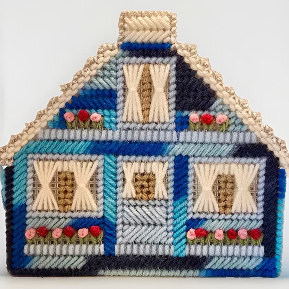 Vintage Needlepoint Plastic Canvas Cottage House Napkin Holder Handmade